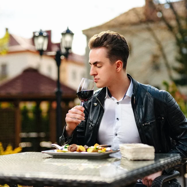Mężczyzna przy stoliku podczas sesji promocyjnej restauracji